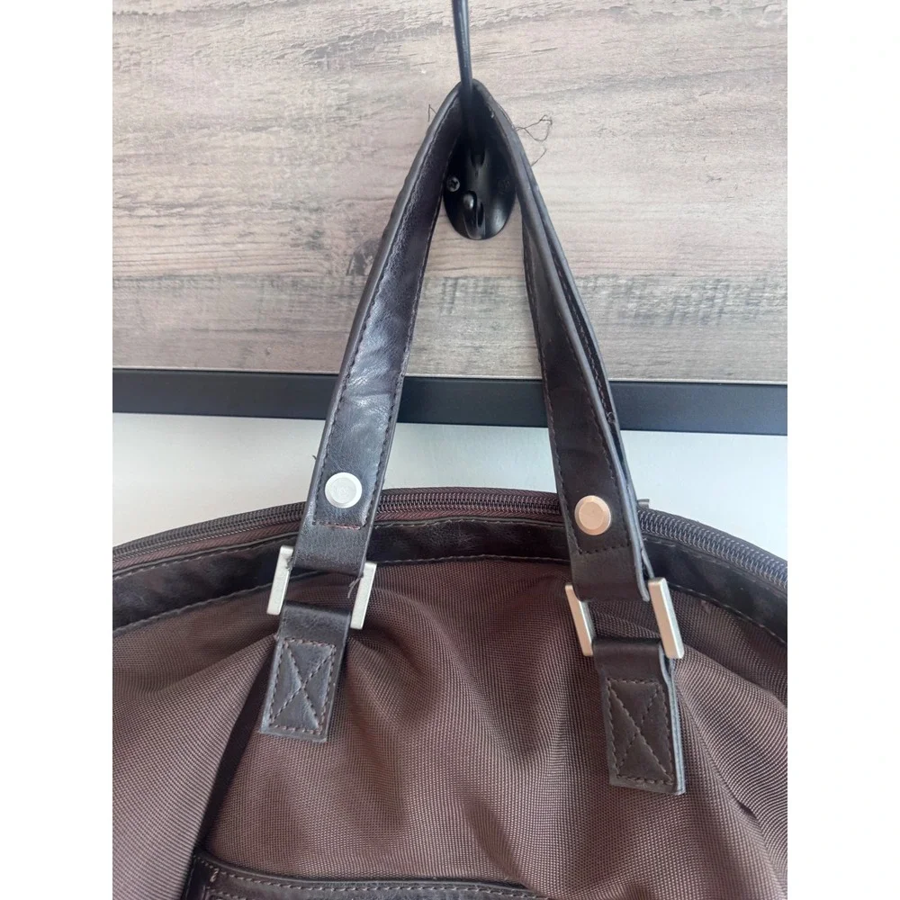 Giorgio Armani Brown Canvas Leather Trim Tote Crossbody Bag Large Travel Bag